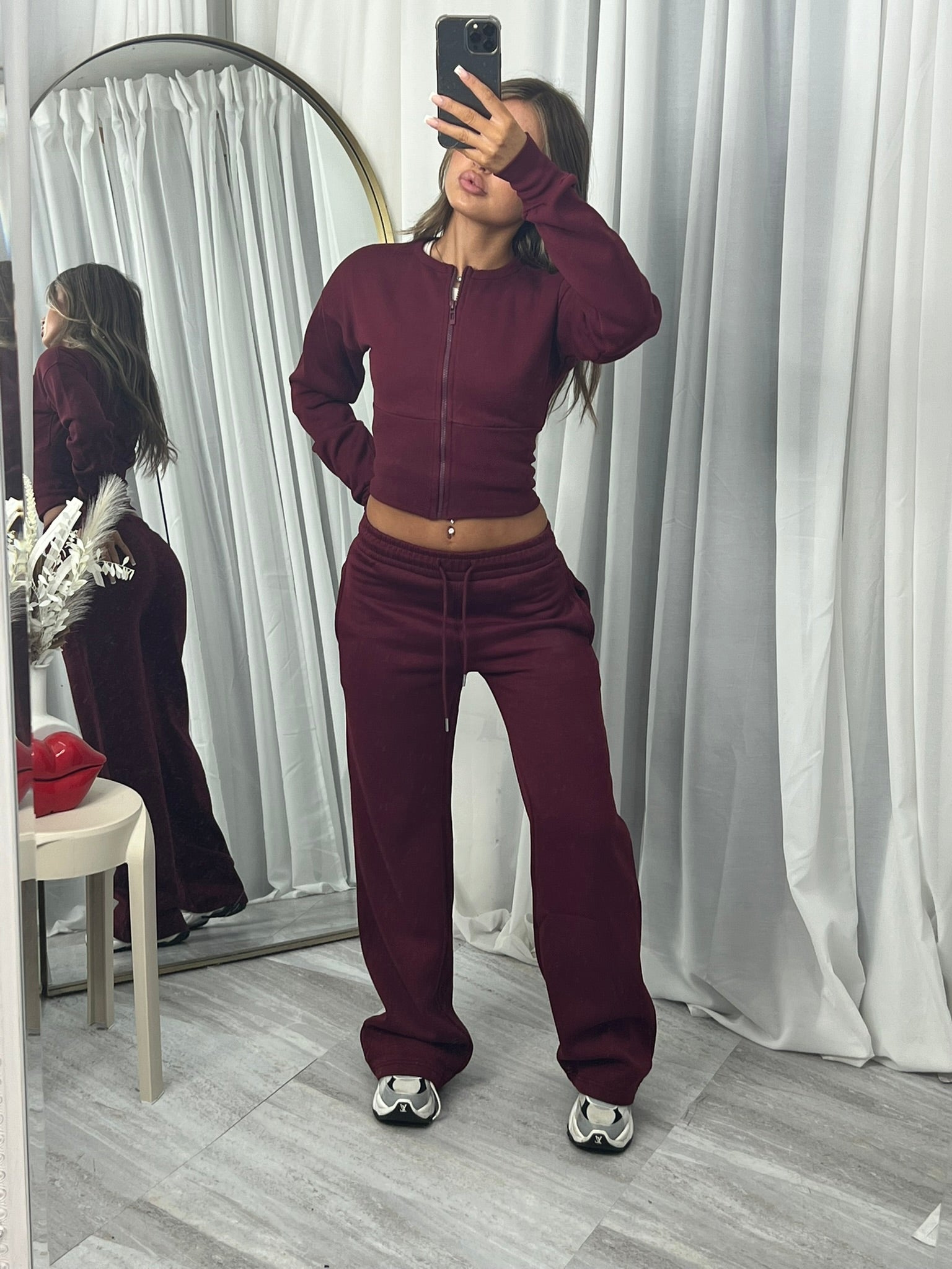 Wide leg zipped tracksuit burgundy