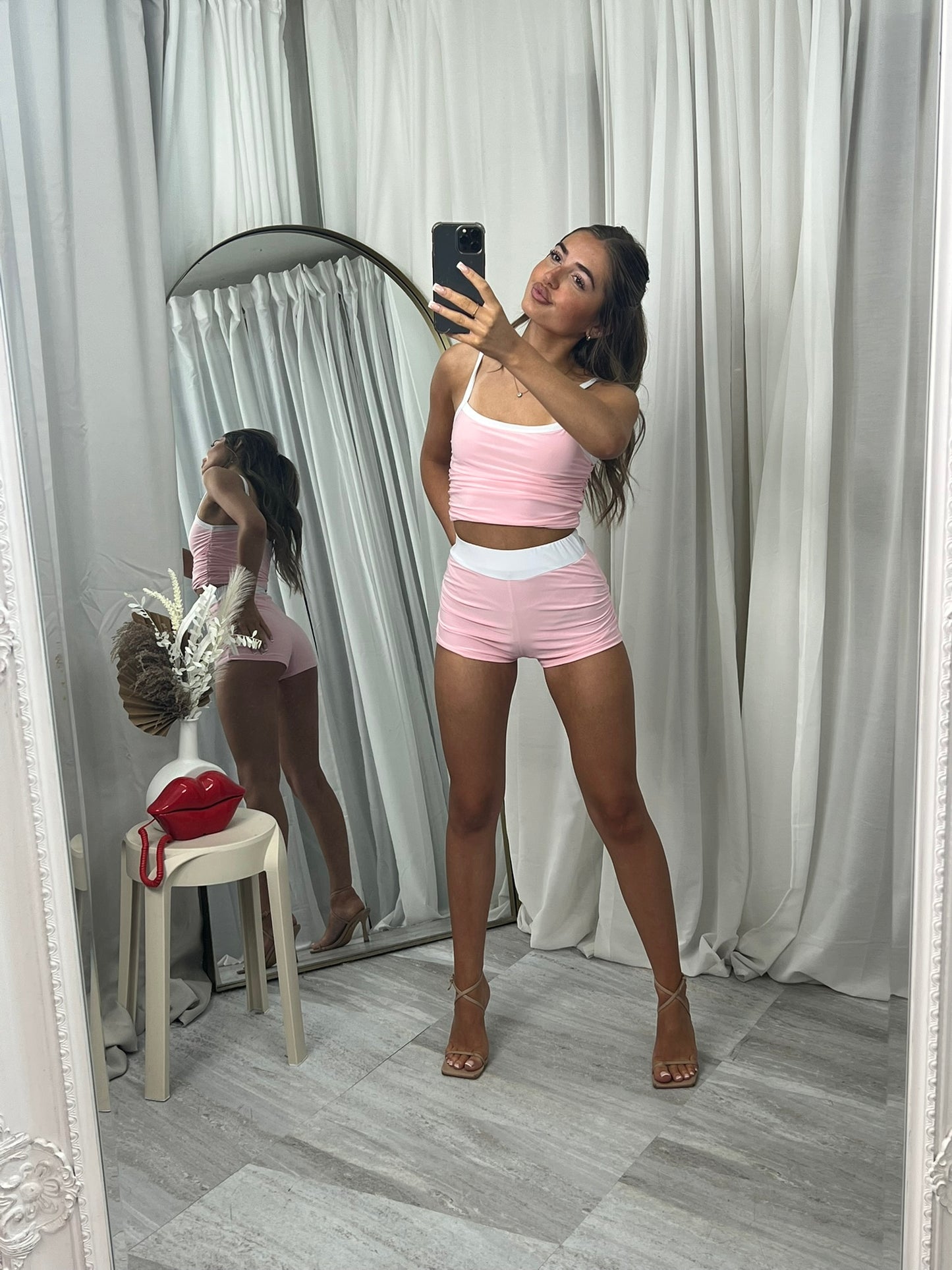 Ruched waist hot pants shorts with strapped crop top outfit set