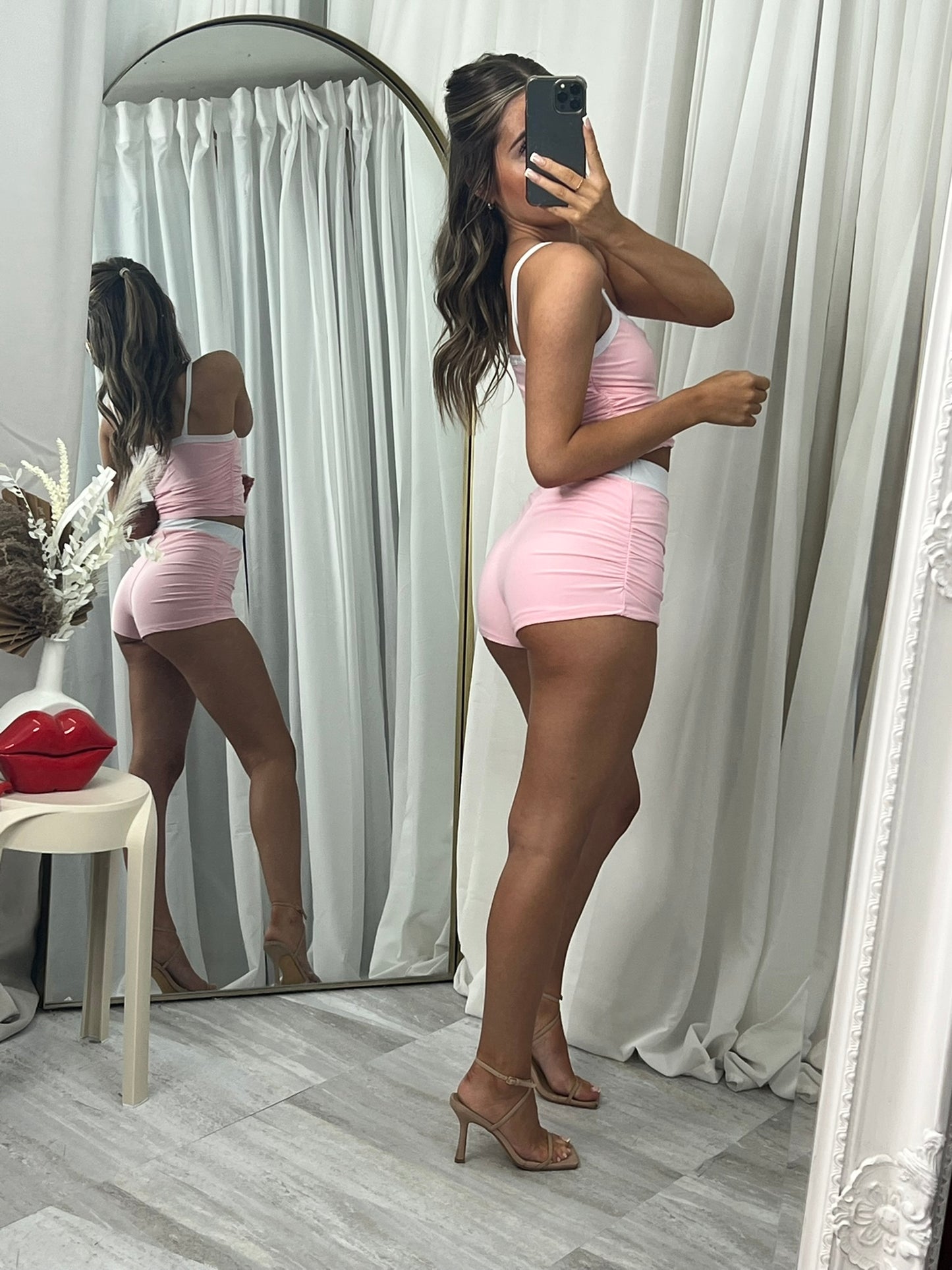 Ruched waist hot pants shorts with strapped crop top outfit set