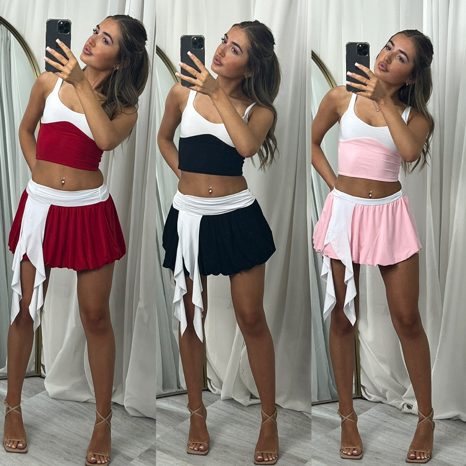Sweetheart neckline crop top with drape detail mini skirt