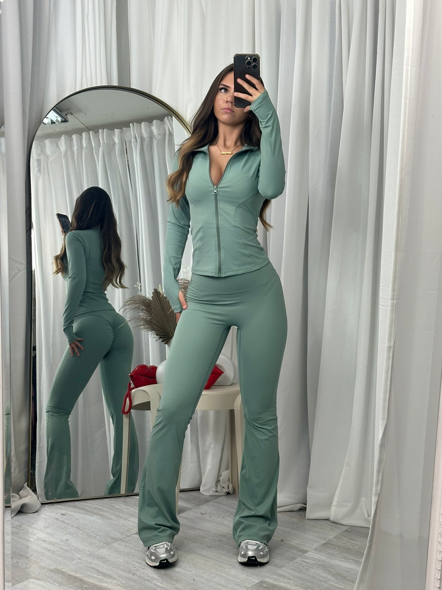Active wear zip jacket with flared scrunch bum flares gym set