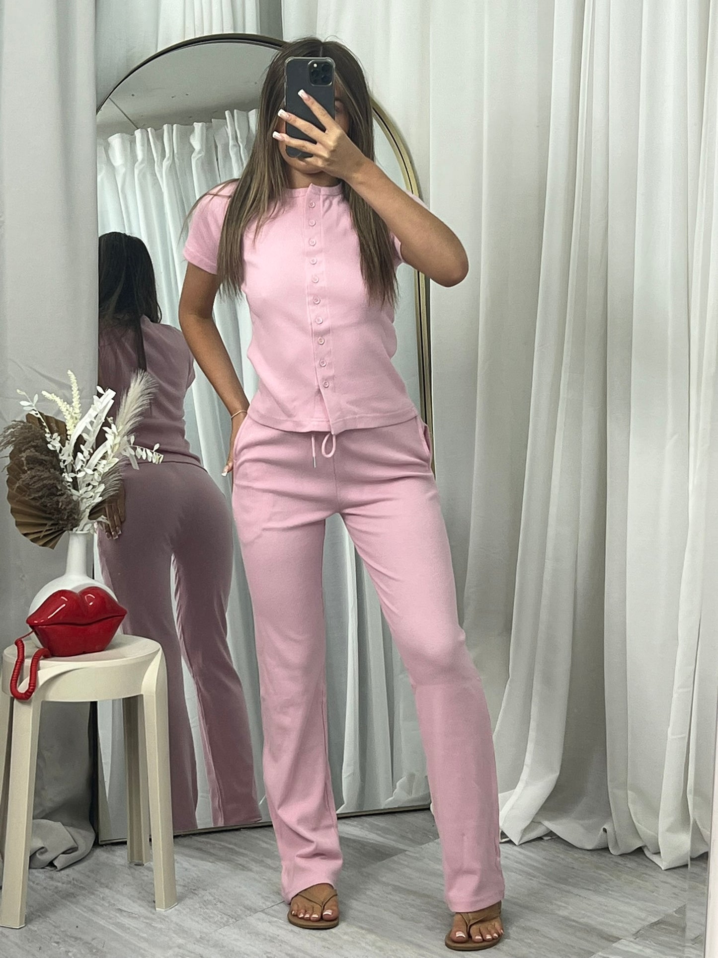 Short sleeved buttoned ribbed “mae” cardigan lounge set