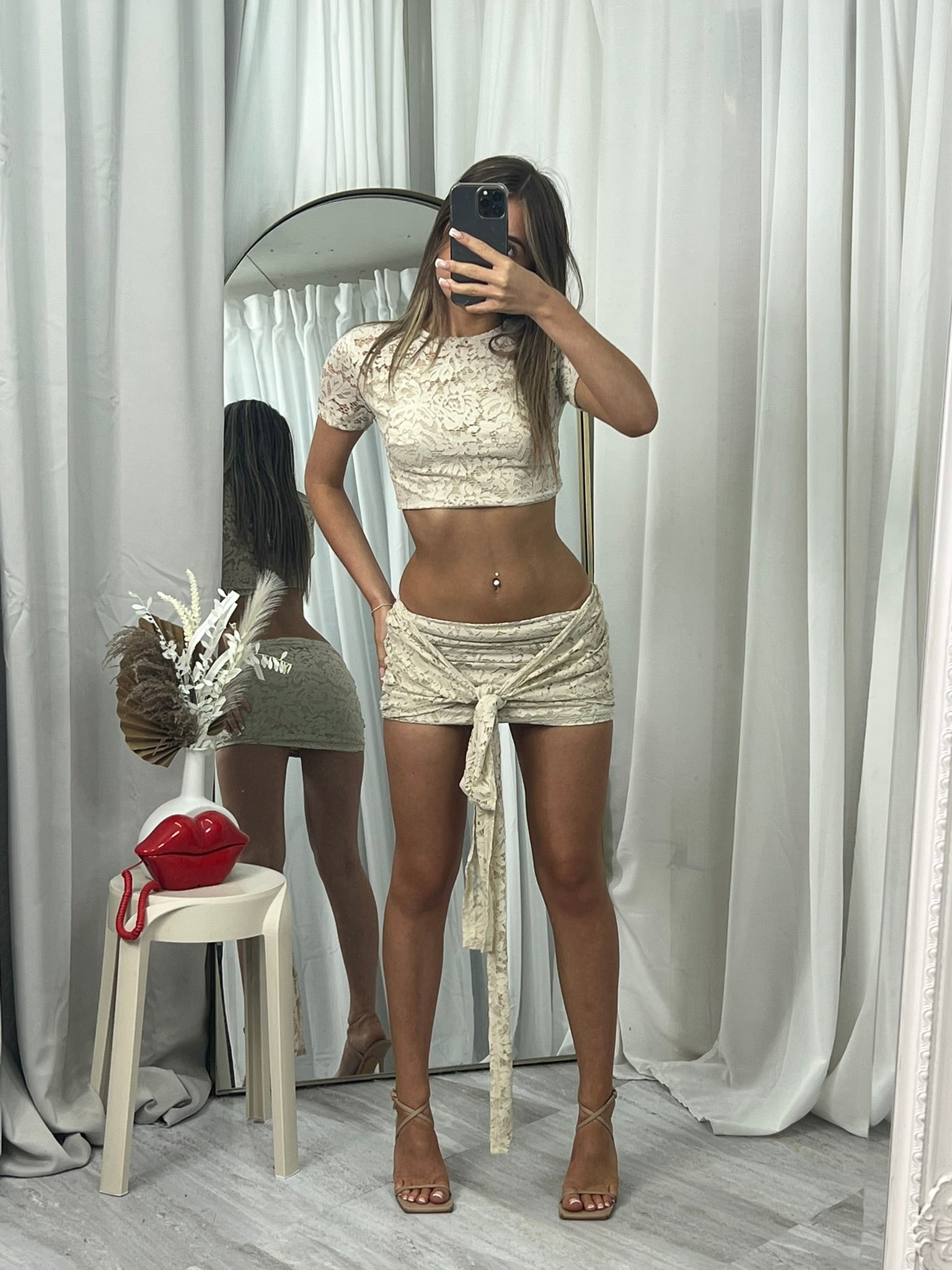 Sale lace crop top and tie mini skirt co-ord