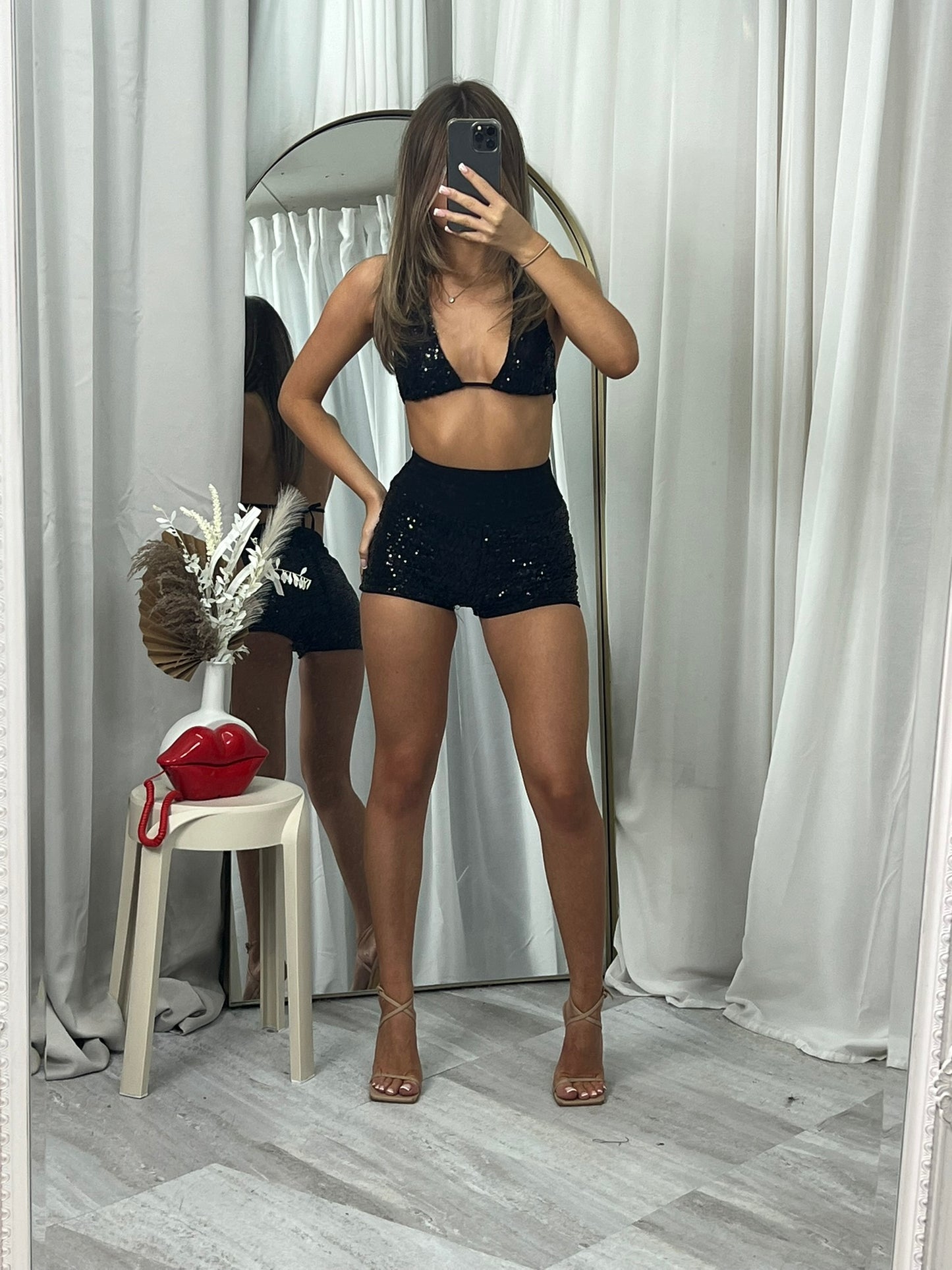 Sequined hot pants shorts and bikini top size 4 to 12