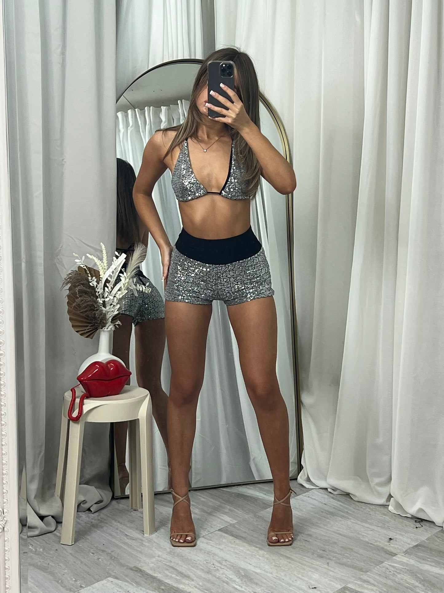 Sequined hot pants shorts and bikini top size 4 to 12