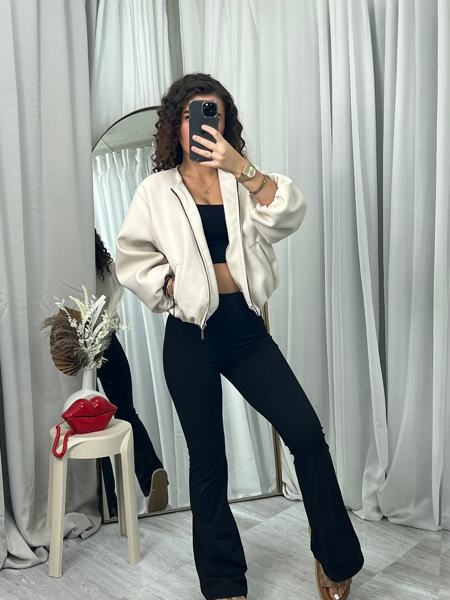 Balloon sleeved bomber casual zipped top casual jacket
