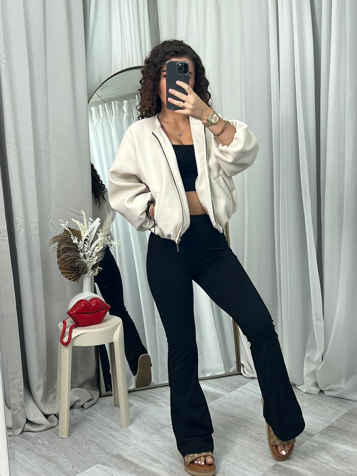 Balloon sleeved bomber casual zipped top casual jacket