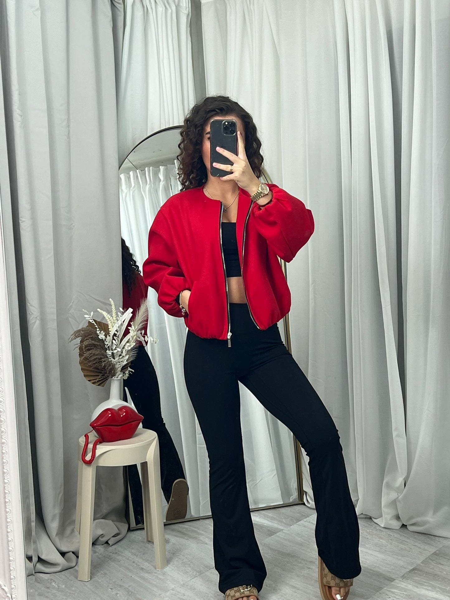 Balloon sleeved bomber casual zipped top casual jacket