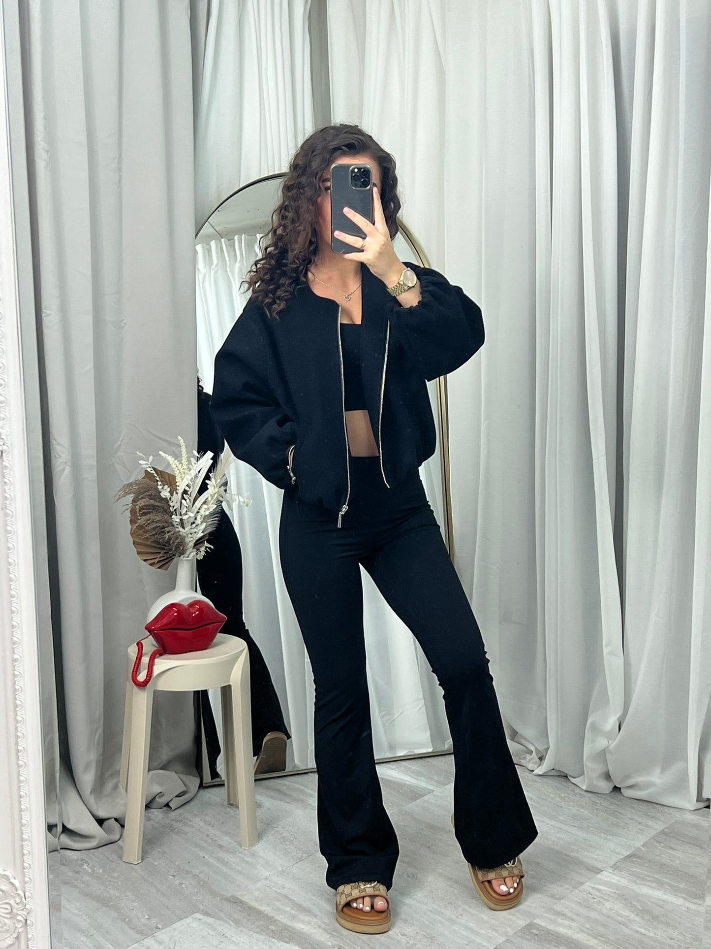 Balloon sleeved bomber casual zipped top casual jacket