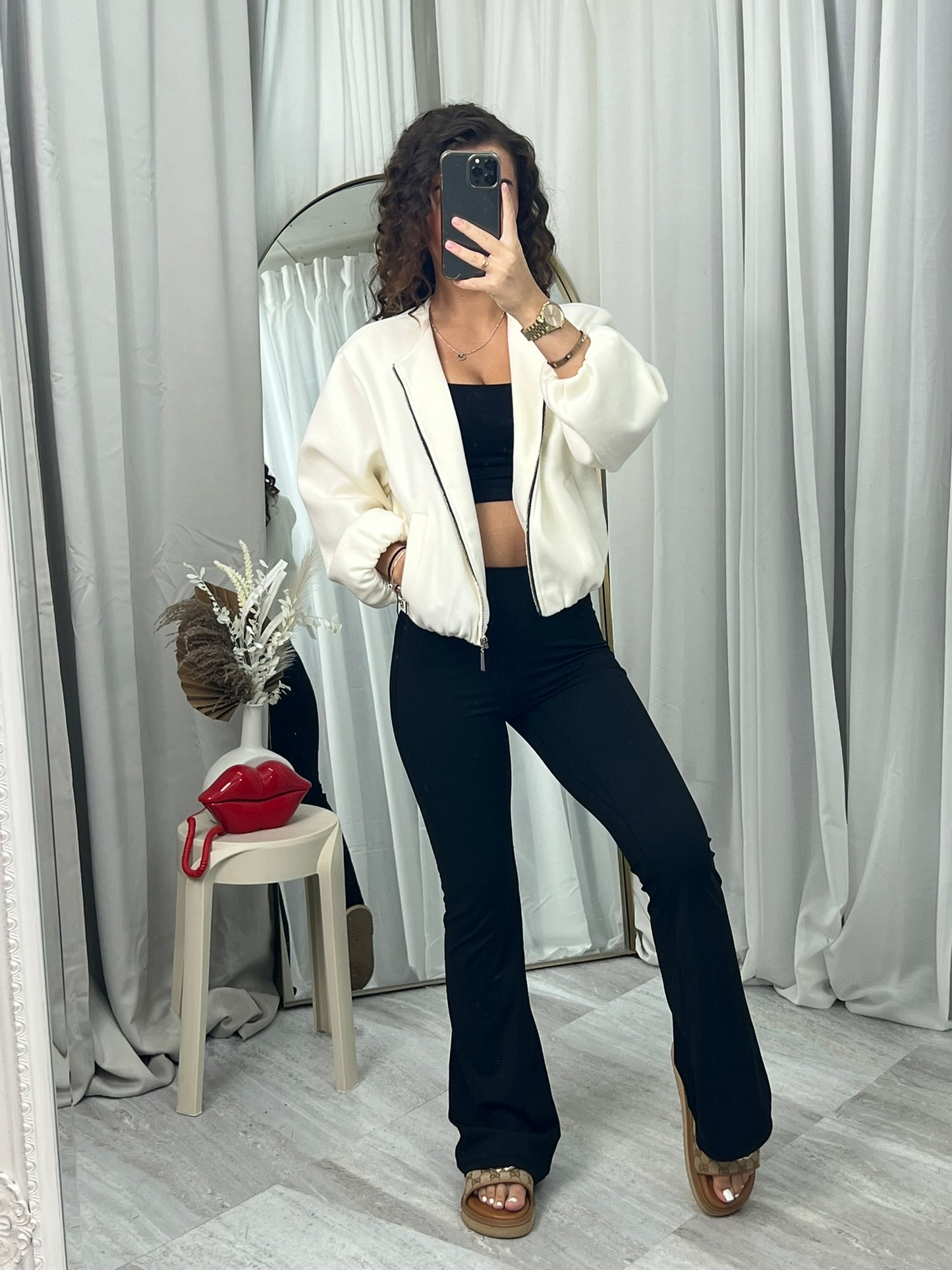 Balloon sleeved bomber casual zipped top casual jacket