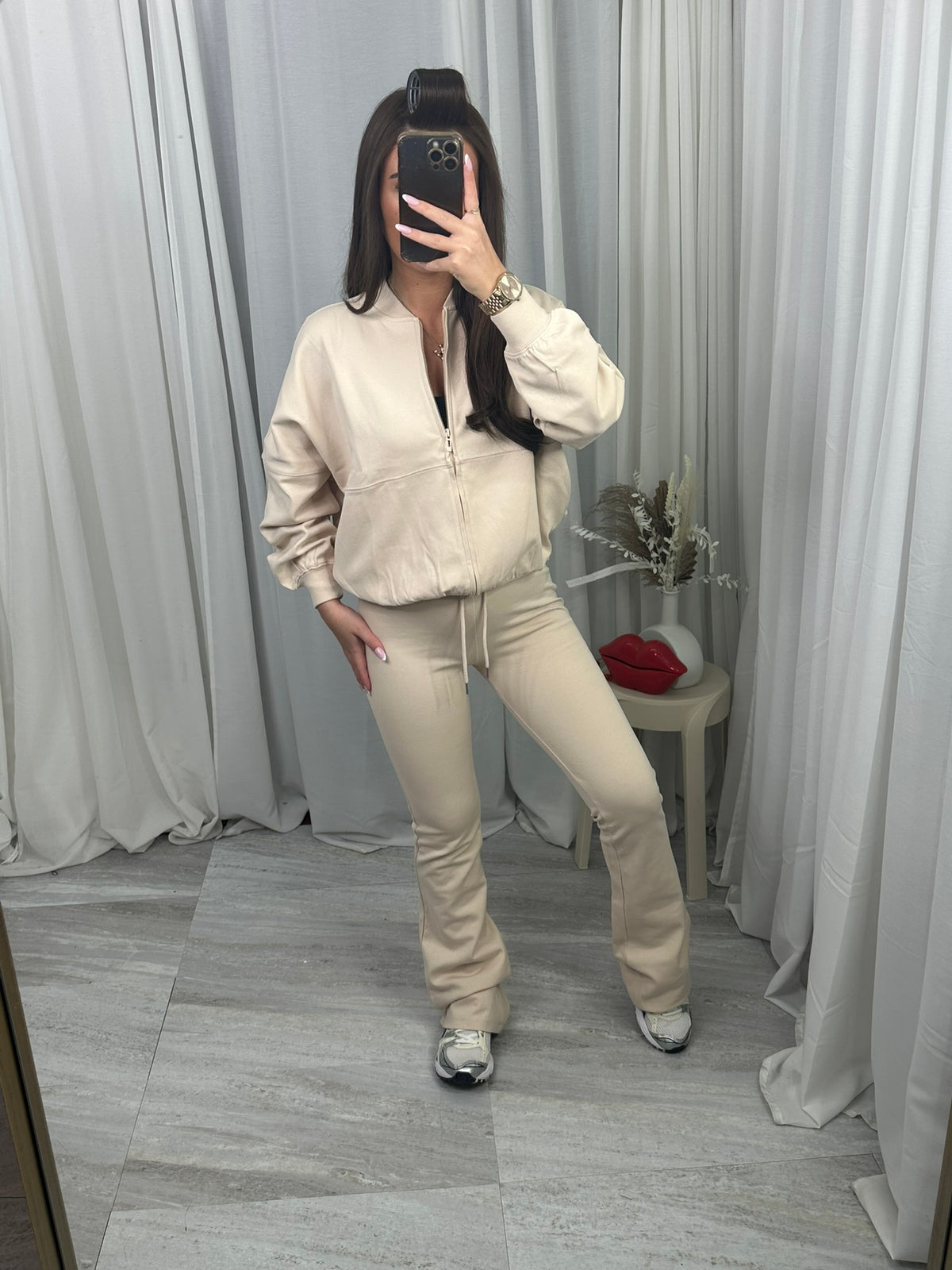 Oatmeal Ella flared bomber jacket and flared bottoms set