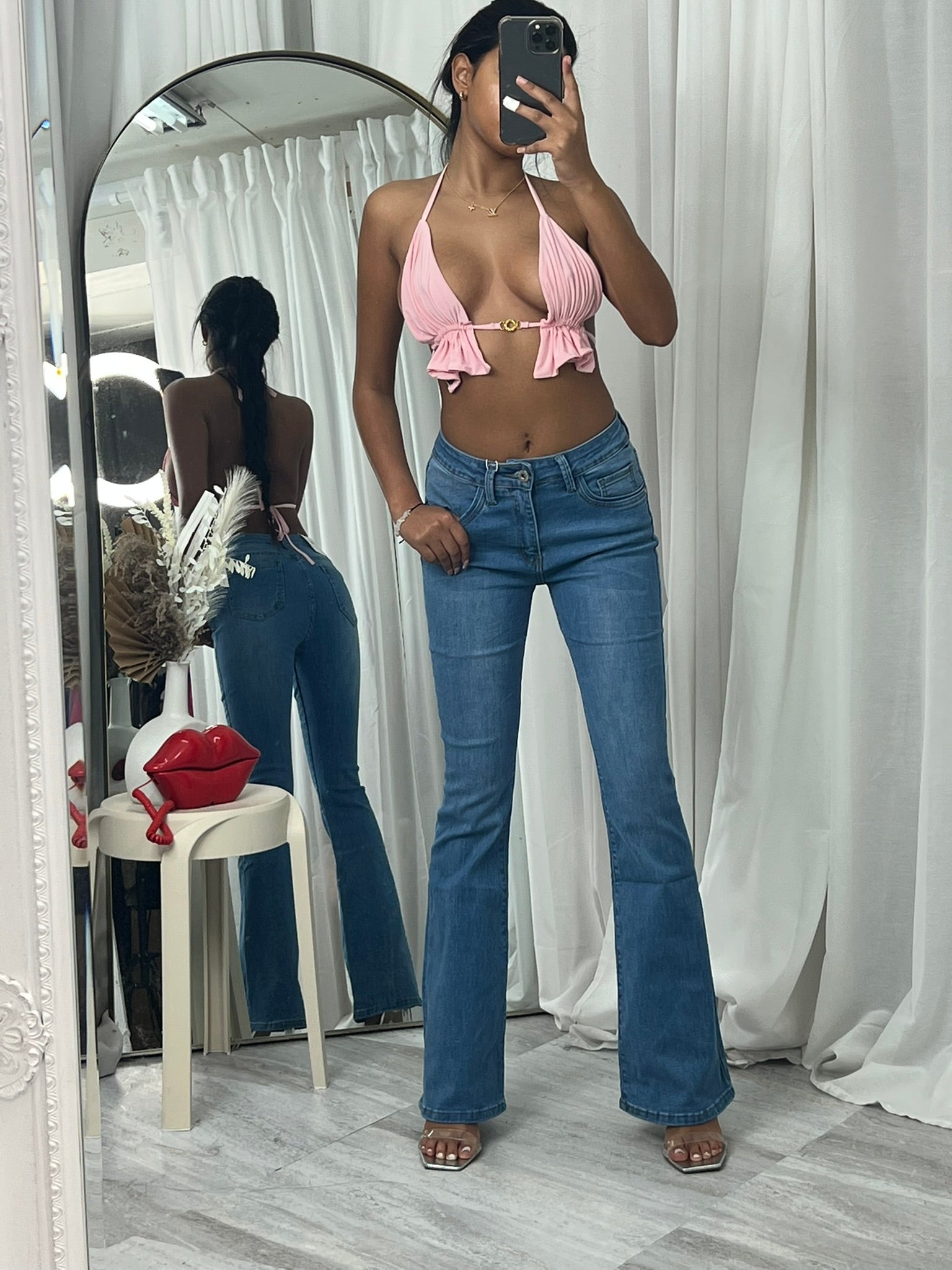 low rise flared stretchy blue denim jeans