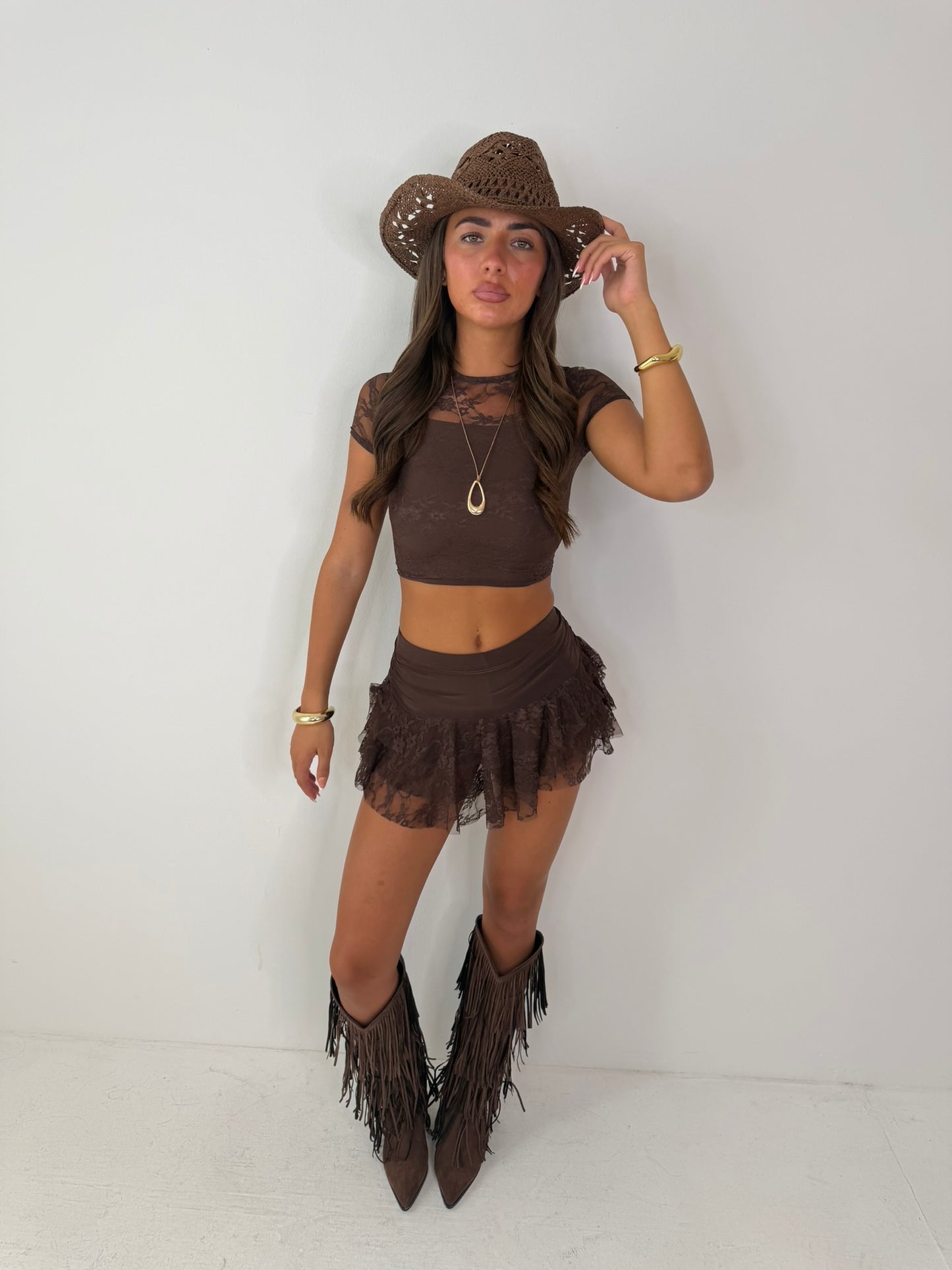 Kali lace layered skort with short sleeved crop top festival summer holiday outfit