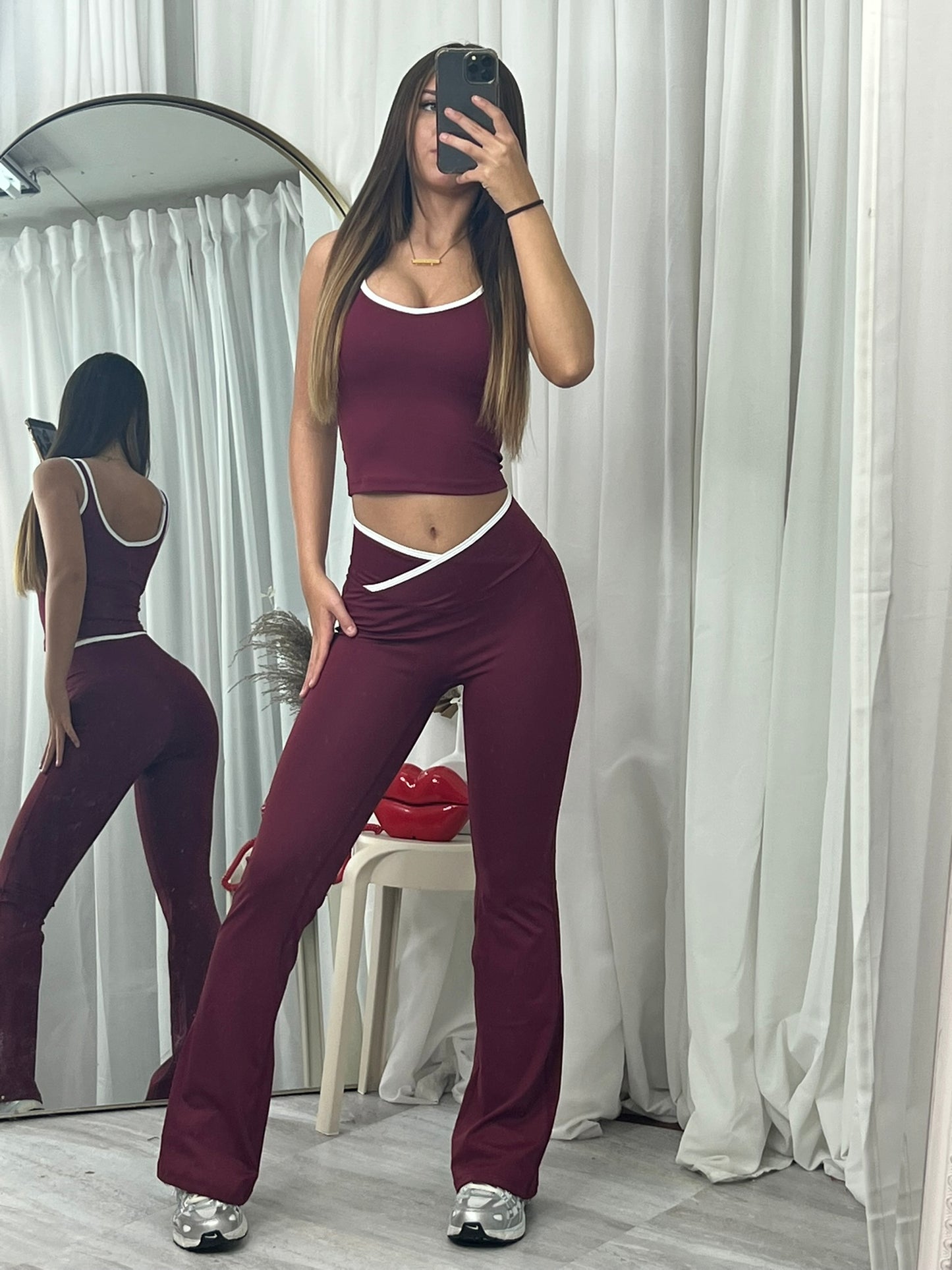 Sleeveless active lounge wear top and flared bottoms