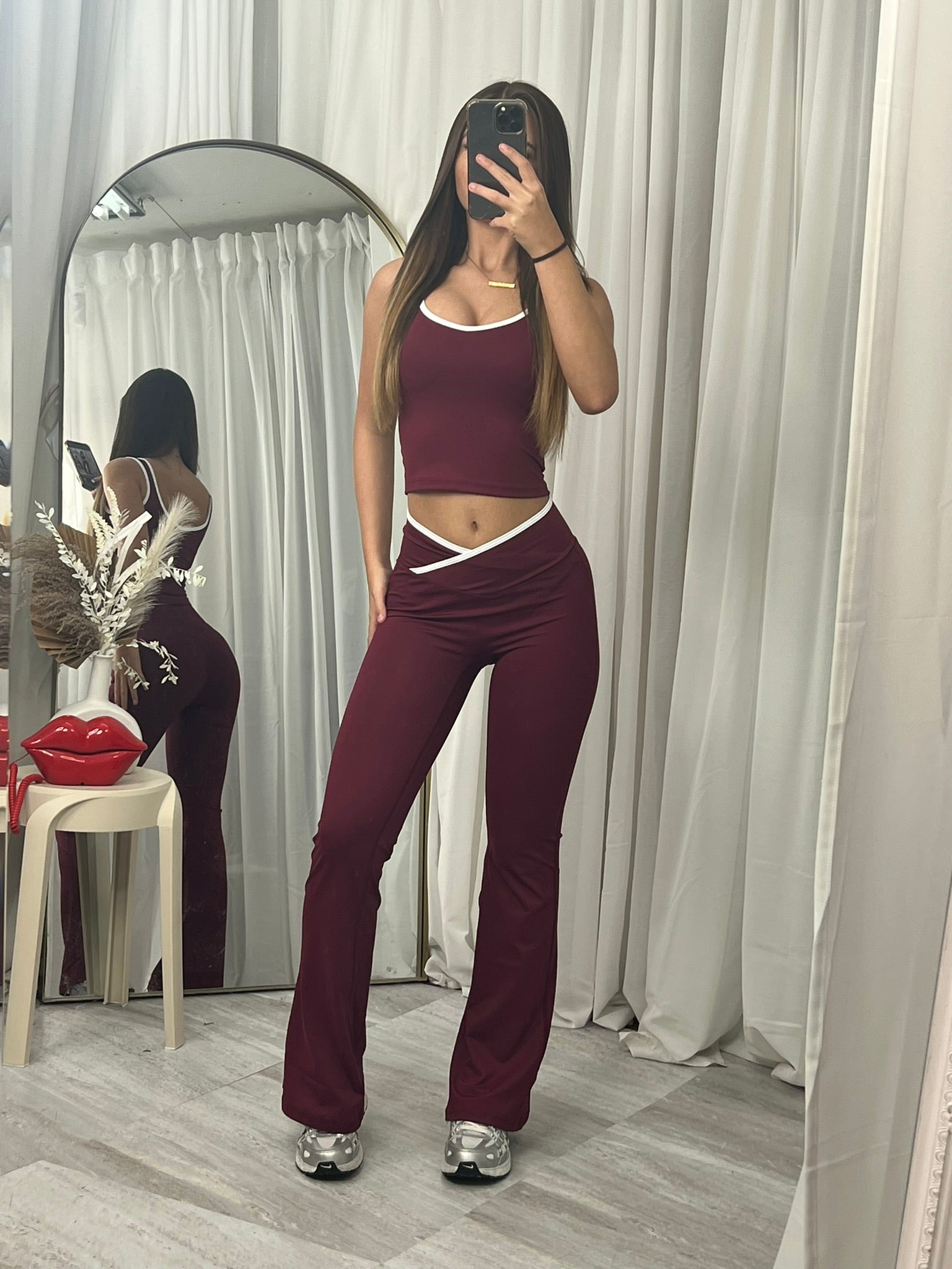 Sleeveless active lounge wear top and flared bottoms