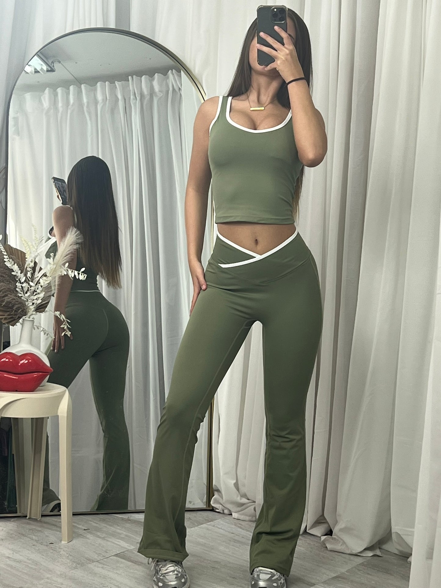 Sleeveless active lounge wear top and flared bottoms