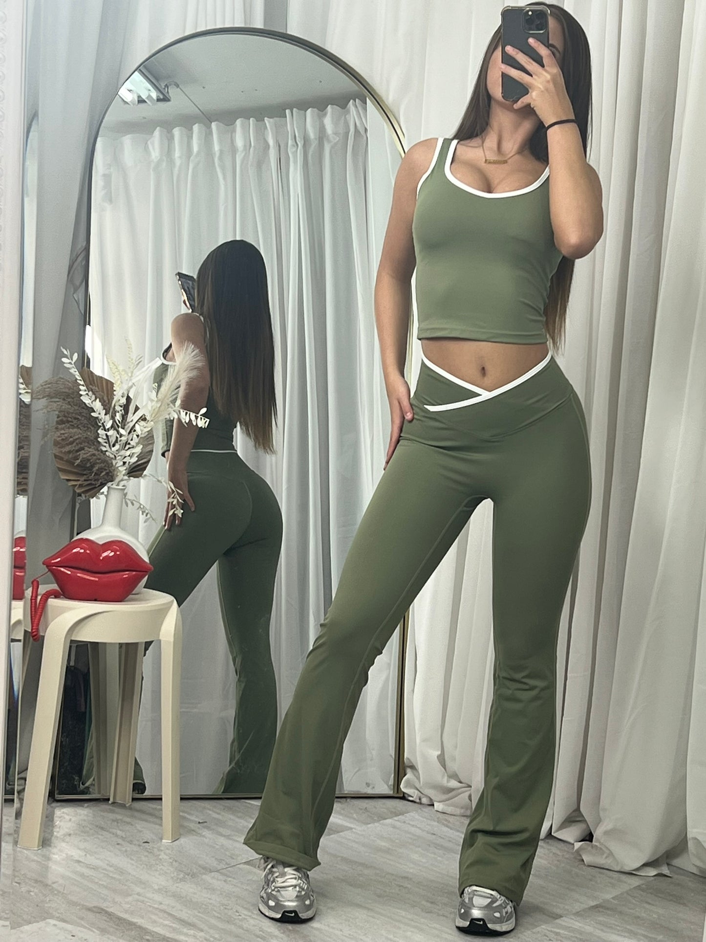 Sleeveless active lounge wear top and flared bottoms