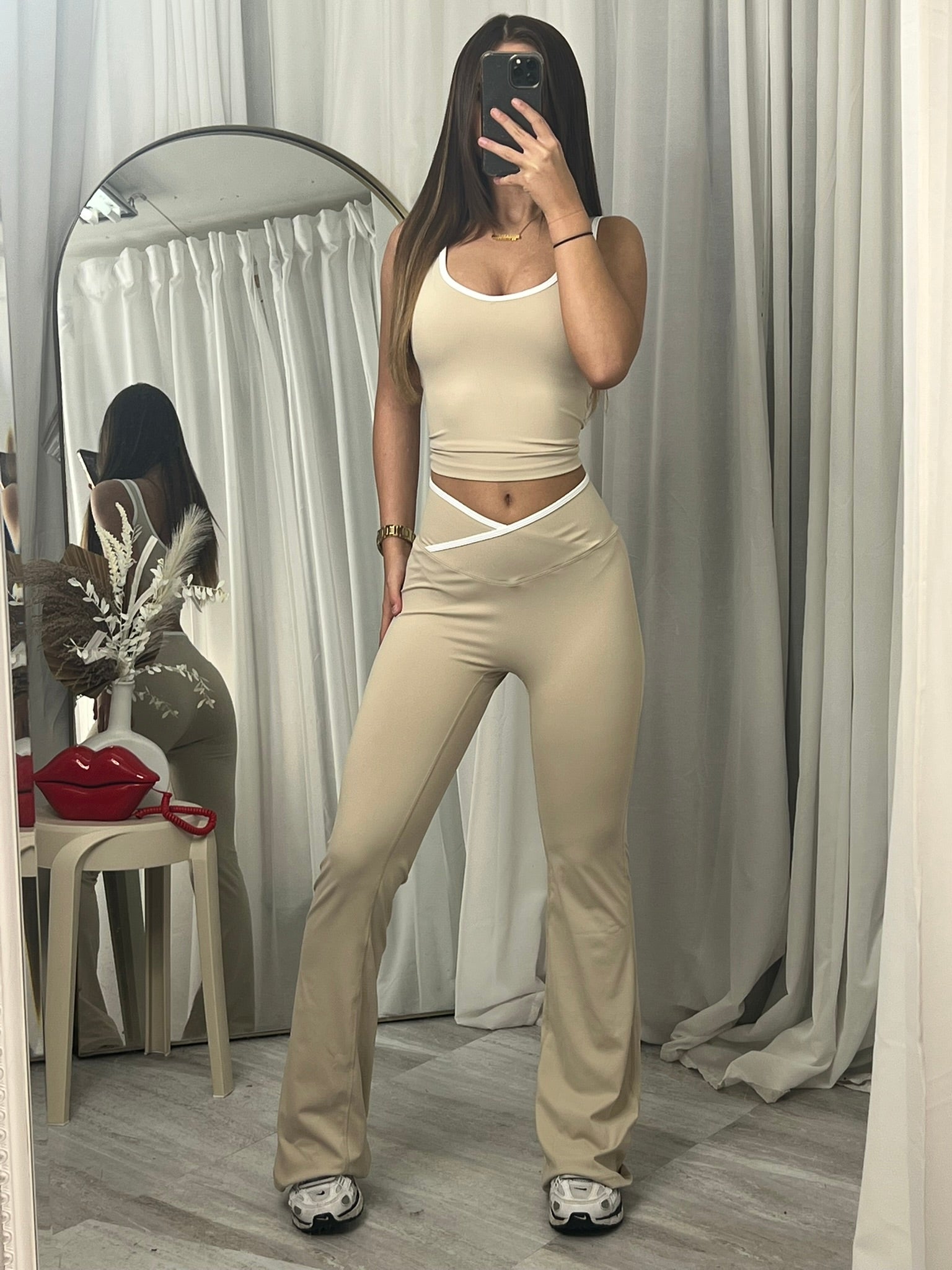 Sleeveless active lounge wear top and flared bottoms