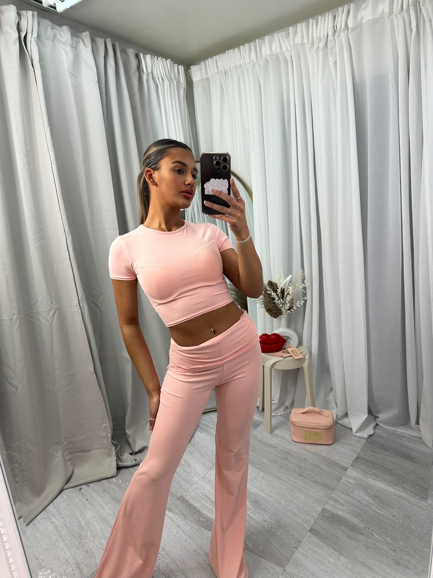 Ruched waist with short sleeve crop top and  flared bottoms loungewear