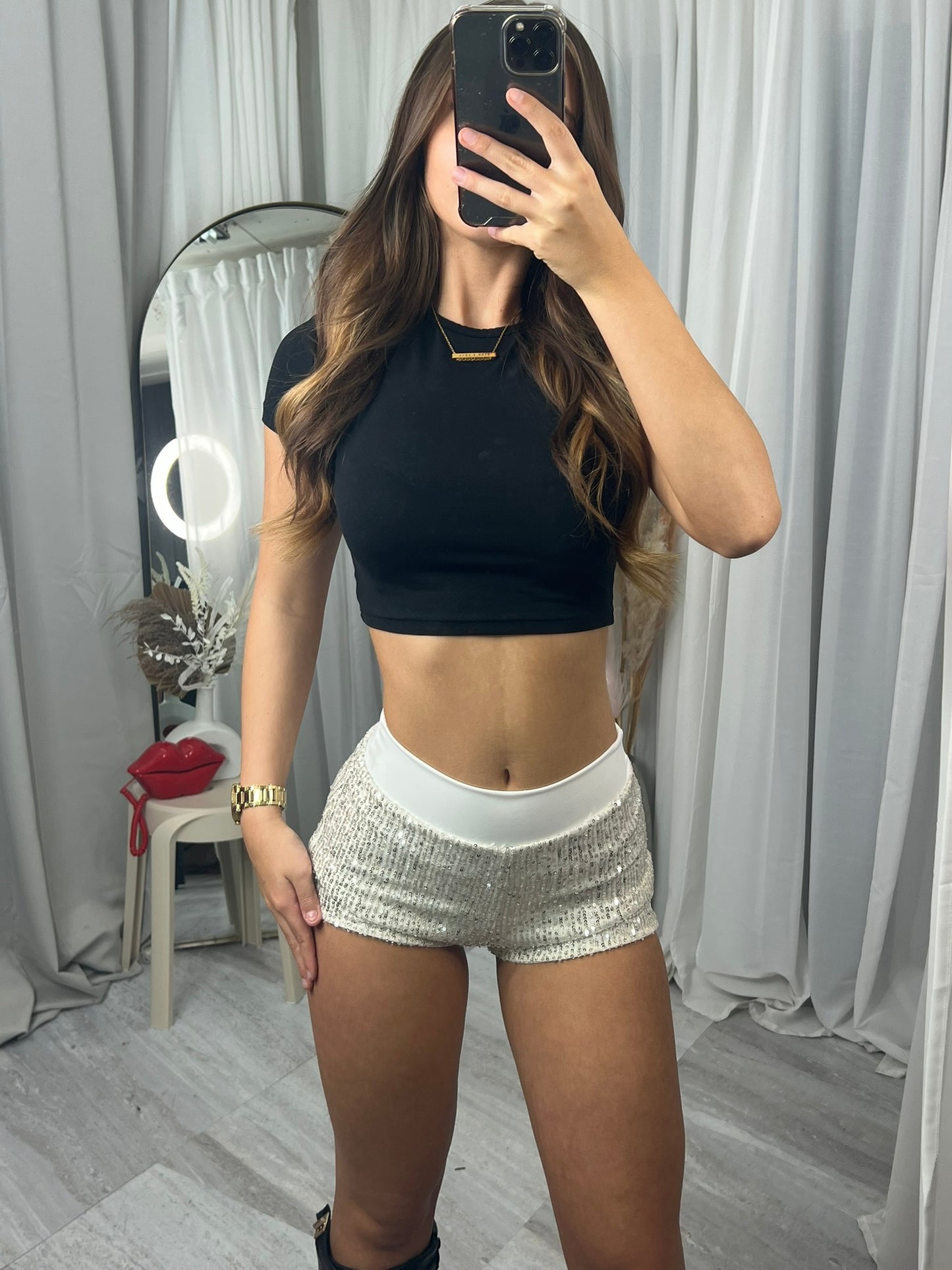 Leopard Sequin Band Detail Hot Pants Shorts