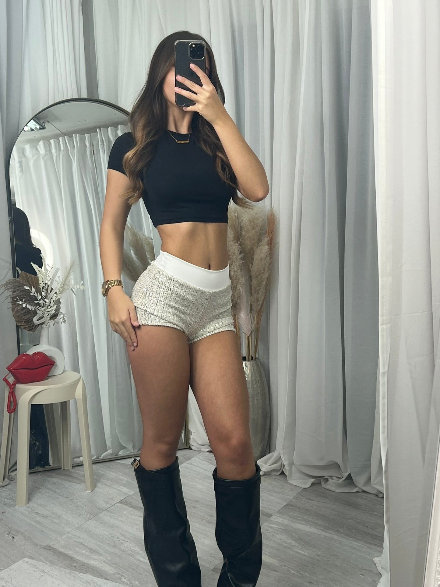 Leopard Sequin Band Detail Hot Pants Shorts