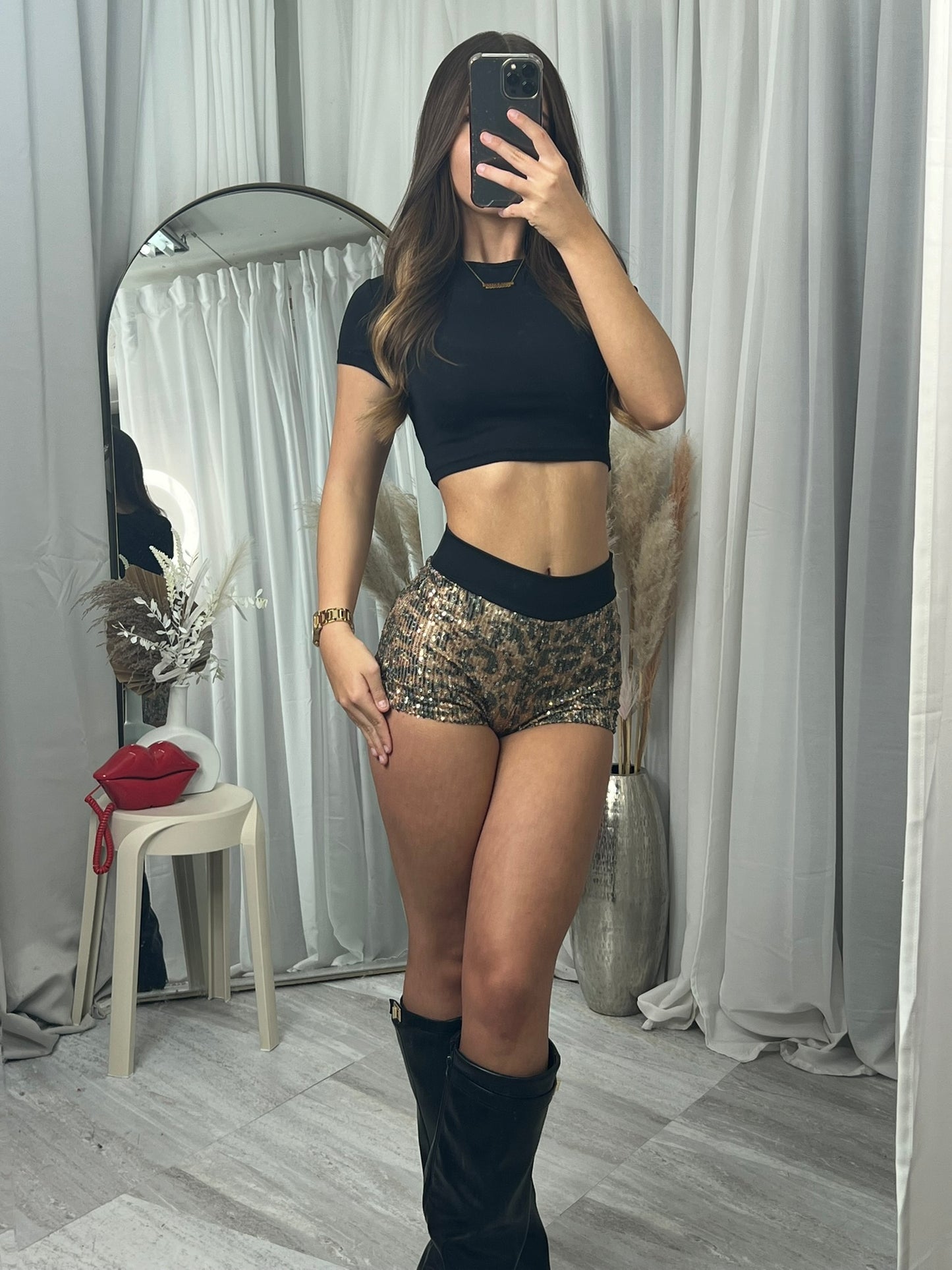 Leopard Sequin Band Detail Hot Pants Shorts
