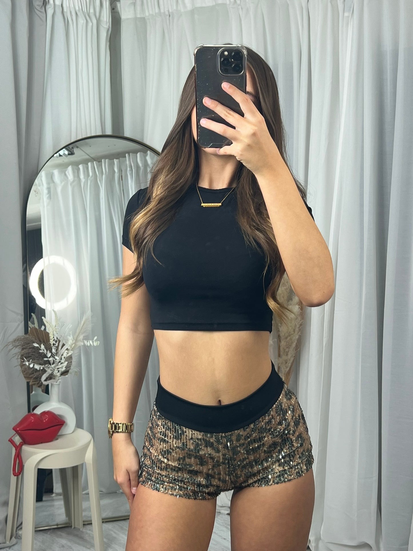 Leopard Sequin Band Detail Hot Pants Shorts