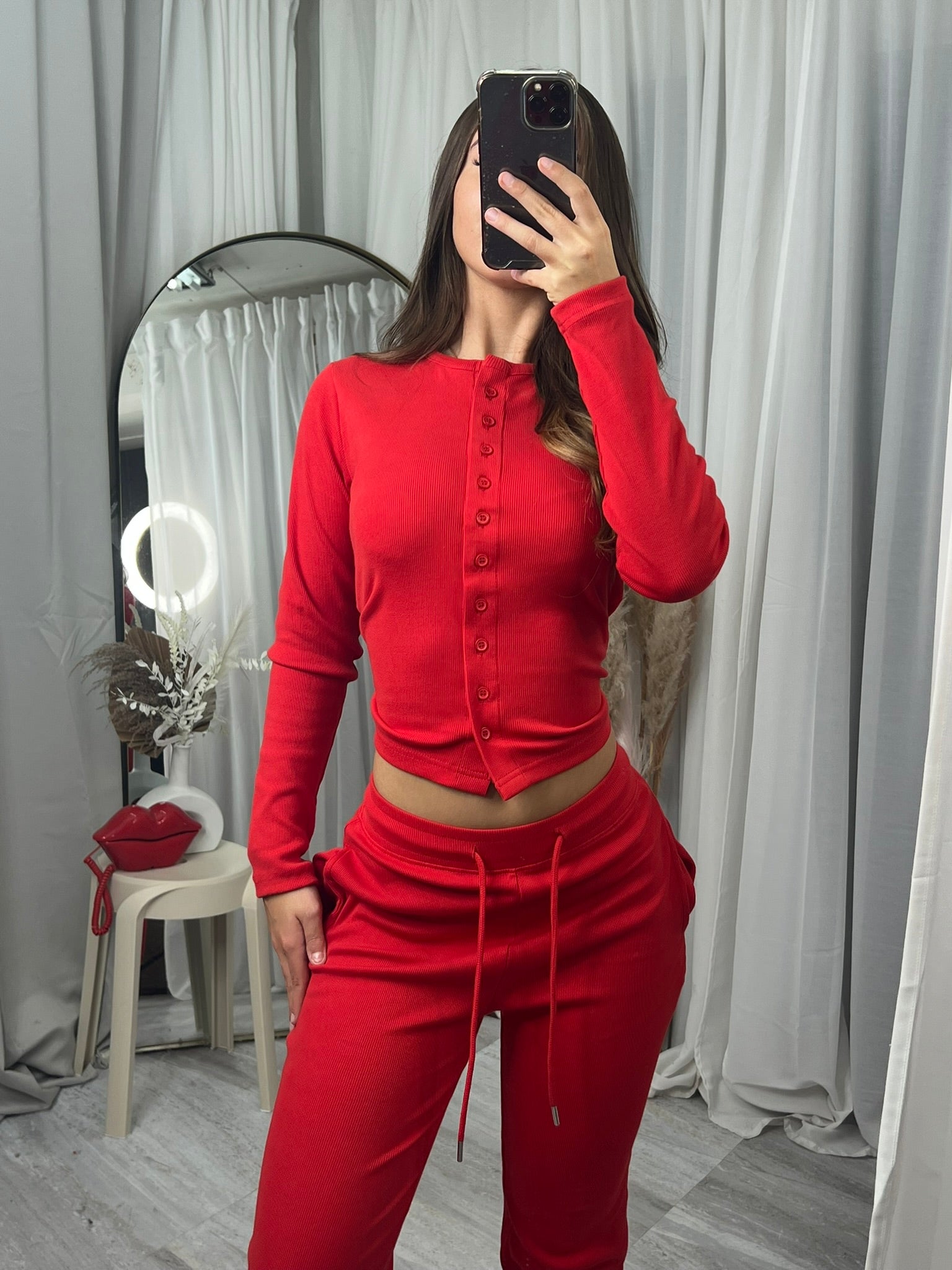 Buttoned ribbed “mae” long sleeved cardigan with straight leg bottoms lounge set