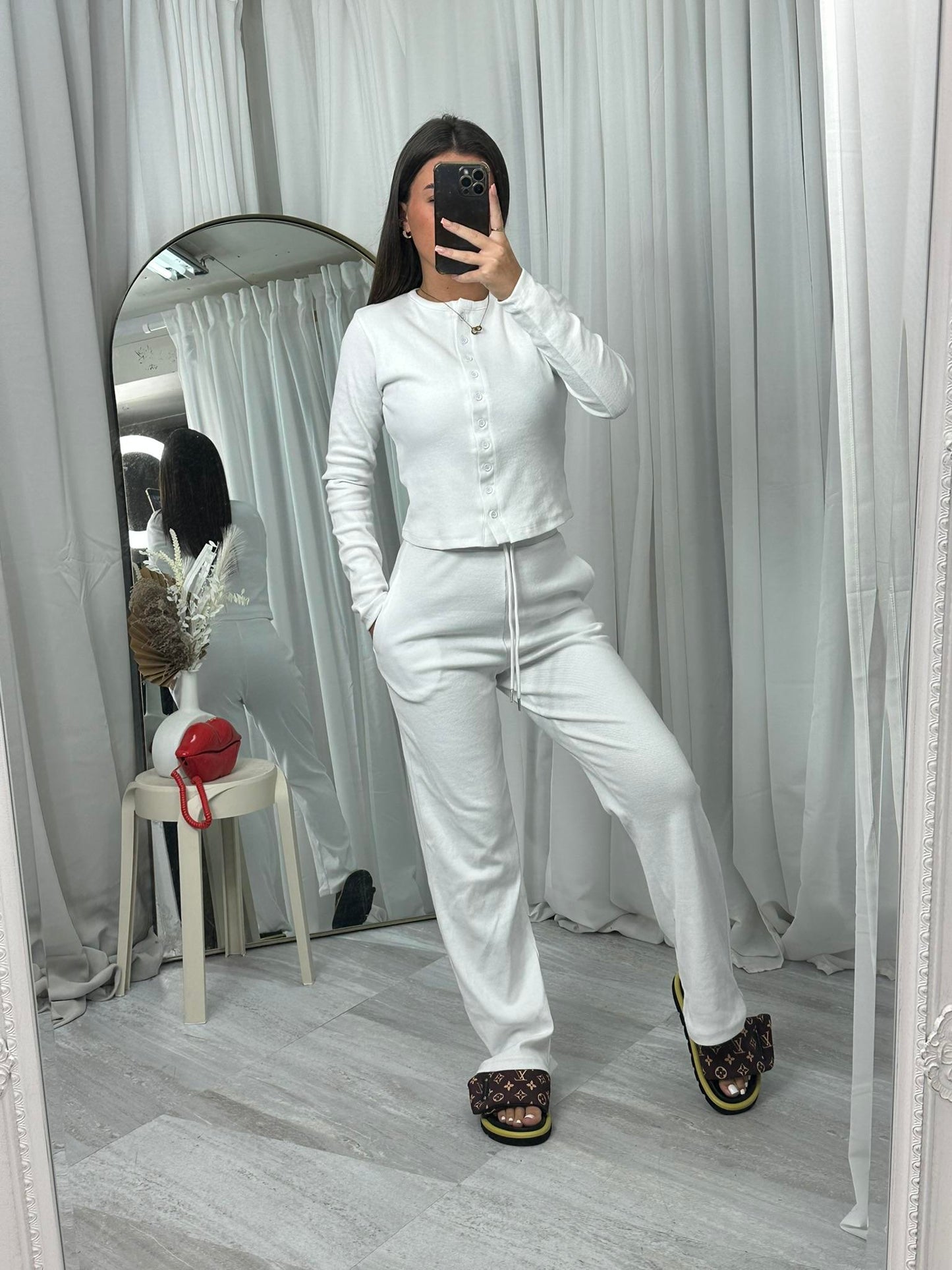 Buttoned ribbed “mae” long sleeved cardigan with straight leg bottoms lounge set