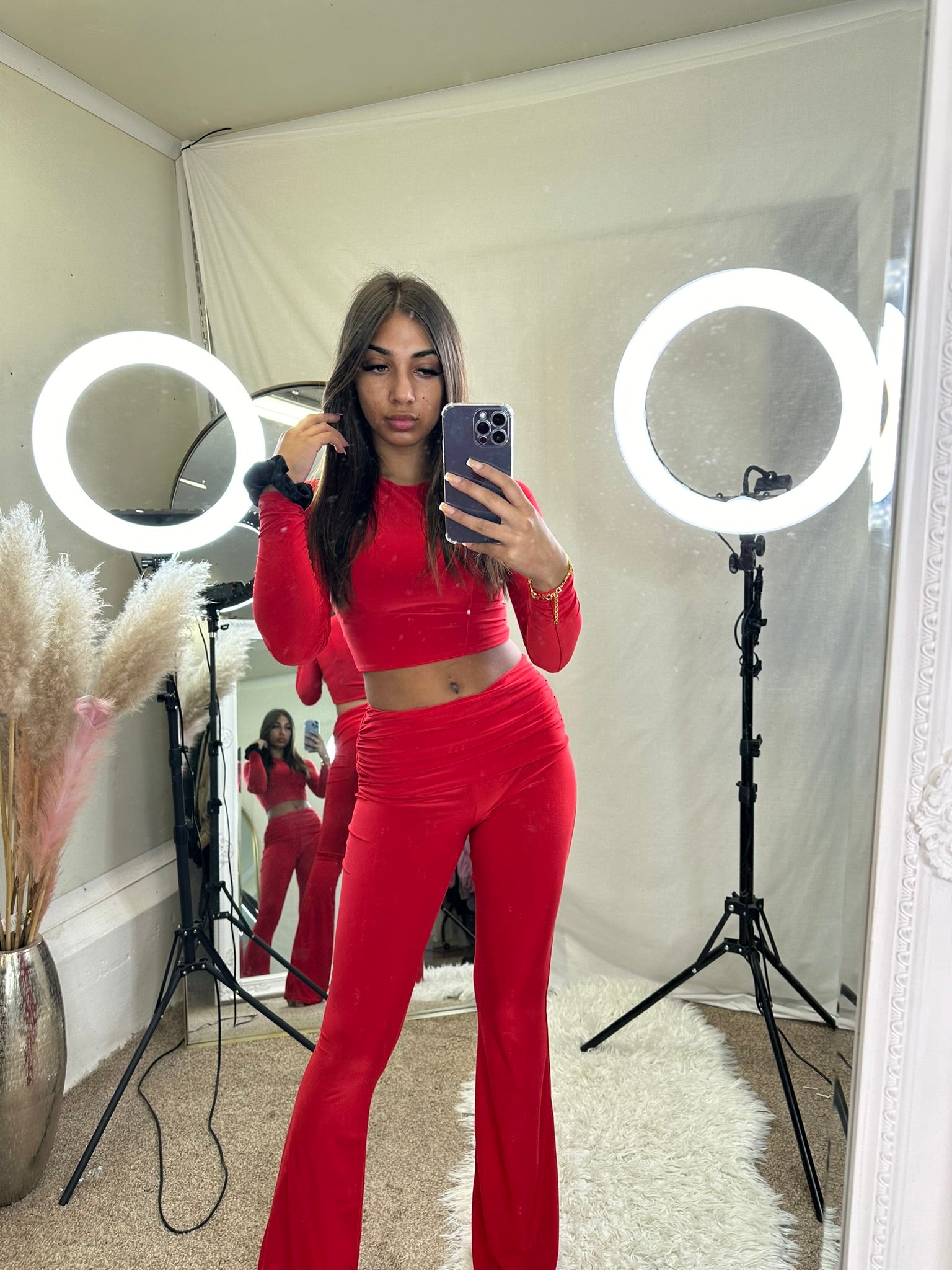 Long sleeved crop top and ruched waist flared bottoms lounge wear set 3035
